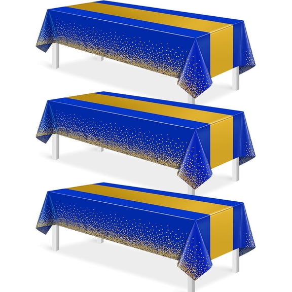 3Pcs Blue and Gold Tablecloth Party Decorations,Plastic Royal Blue Table Cloth Printed Gold Table Runner Disposable Rectangle Table Cover for Birthday Anniversary Wedding Graduation Party,54 x108 Inch