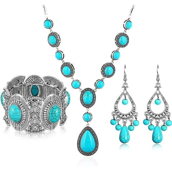 3Pcs Bohemian Turquoise Jewelery Set for Women Western Jewelry Boho Turquoise Choker Necklace Pendant Vintage Dangle Earring Stretchable Bracelets Cowgirl Wedding Party Gift for Birthday Girlfriend