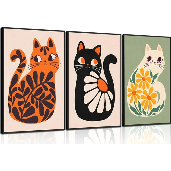 3Pcs Boho Cats Canvas Wall Art Mid Century Modern Orange Cats Prints Vintage Retro Black Animail Paintings Cute Plant Animail Posters Pictures for Living Room Bedroom Bathroom Wall Decor d