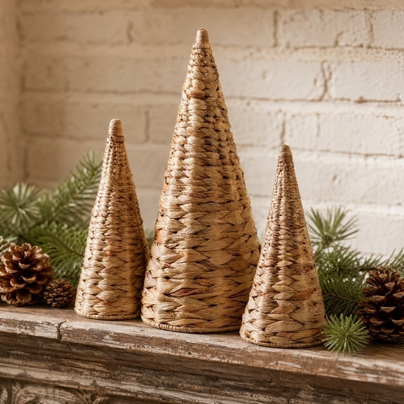 3Pcs Boho Christmas Decor Wicker Christmas Tree Tabletop Decor Woven Farmhouse Rustic Holiday Table Centerpiece Home Ornaments