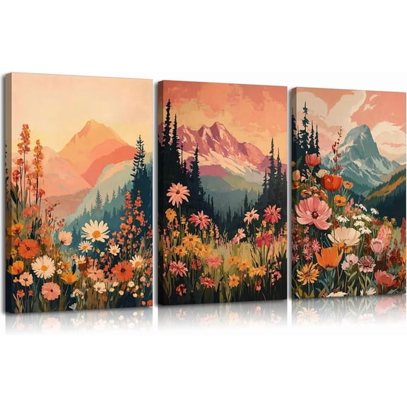 3Pcs Boho Mountain Canvas Wall Art Vintage Wildflower Mountains Poster Prints Abstract Nature Sunset Landscape Picture Botanical Paintings Artwork Wall Decor for Living Room Bedroom 12x16in Framed