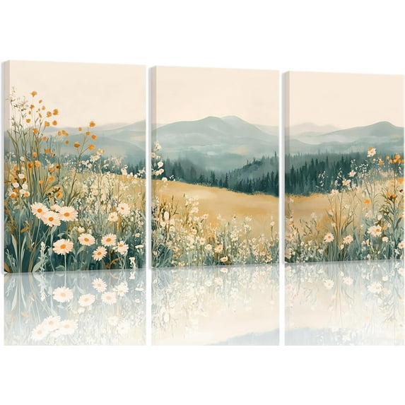 3Pcs Boho Mountains Flower Canvas Wall Art Daisy Wildflower Landscape Pictures Wall Decor Abstract Watercolor Floral Painting Prints Green Natural Scenery Poster Artwork for Living Room