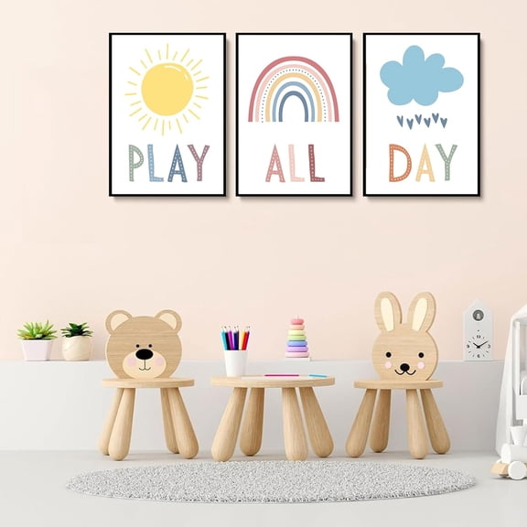 3Pcs Boho Nursery Canvas Wall Art Play All Day Kids Room Wall Decor Pictures Rainbow Sun Cloud Posters Prints for Boy Girl Bedroom Playroom Classroom Decoration, 12x16in