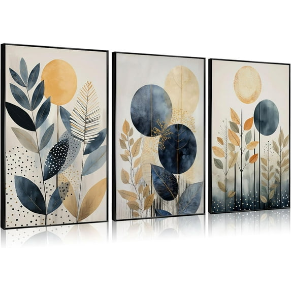 3Pcs Boho Plant Wall Art Abstract Botanical Posters Prints Bohemain Abstract Canvas Painting Navy Blue And Gold Leaves Pictures Modern Wall Decor for Living Room Bedroom12x16in Und