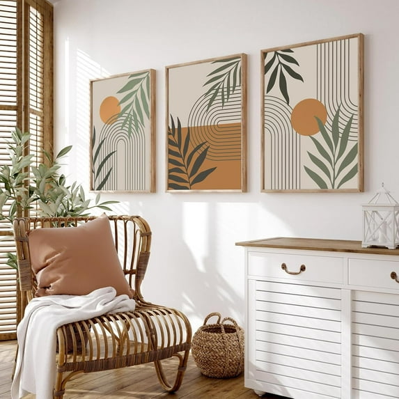 3Pcs Boho Sage Canvas Wall Art Green Plant Geometric Line Sun Painting Pictures Wall Decor Beige Minimalist Posters Prints Artwork for Bathroom Living Room Bedroom Home Decoration
