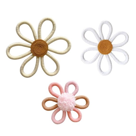 3Pcs Boho Wall Decor Woven Daisy Flowers Macrame Wall Hanging Decor Bohemian Home Bedroom Room Wall Art Flowers for Girls Nursery Dorm Decor