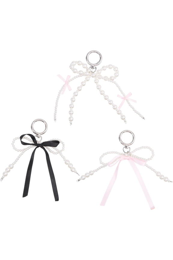 3Pcs Bow Pearl Keychain Pearl Beaded Key Ring Wristlet Bow Silk Ribbon Keychain Bow Bag Charms for Car Key Wallet Backpack Bag Accessories Mixed Color