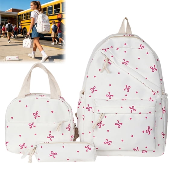 3Pcs Bow Print Backpack Set, Breast Cancer Awareness Pink Ribbon School Bookbag with Lunch Box & Pencil Case for Back to School Girls Daily Use