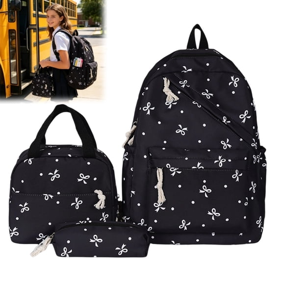 3Pcs Bow Print Backpack Set, Breast Cancer Awareness Pink Ribbon School Bookbag with Lunch Box & Pencil Case for Back to School Girls Daily Use
