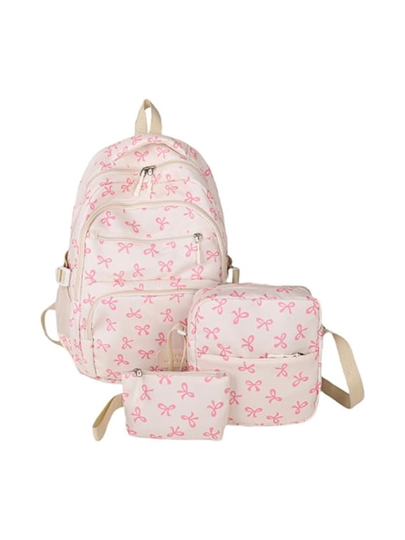3Pcs Bow Print Backpack Set for Women Teens, Lightweight Preppy School Bookbag with Adjustable Straps, Crossbody & Pouch