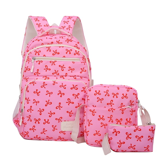 3Pcs Bow Print Backpack, Water Resistant School Backpack with Shoulder Bag&Storage Bag, Lightweight Breathable Laptop Bag for Outdoor Travel (Pink)