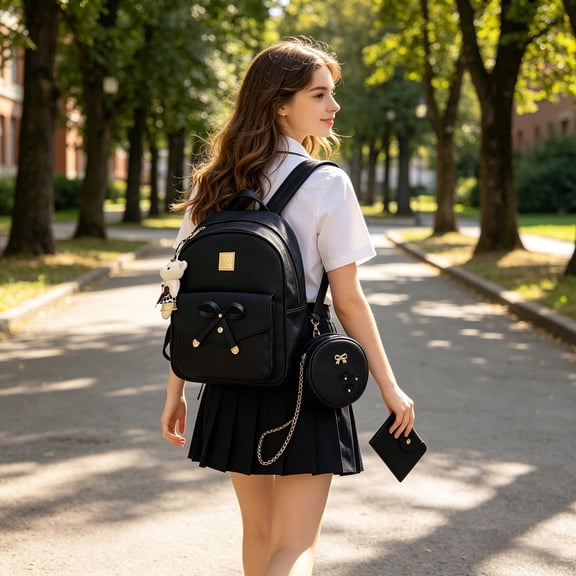 3Pcs Bowknot Backpack Set for Women, Cute PU Leather Mini Backpack with Matching Crossbody Bag & Wallet, Lightweight Waterproof Campus Travel Purse Set for Teens