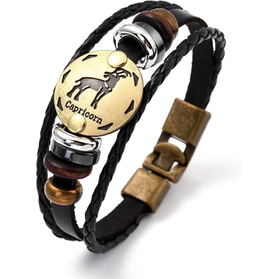 3Pcs Leather Cord Bracelets Retro Multi-strand Bracelets with Wood Beads Hematite Beads and Alloy Findings Flat Round Antique Bronze Capricorn Bracelets for Women Men Gifts
