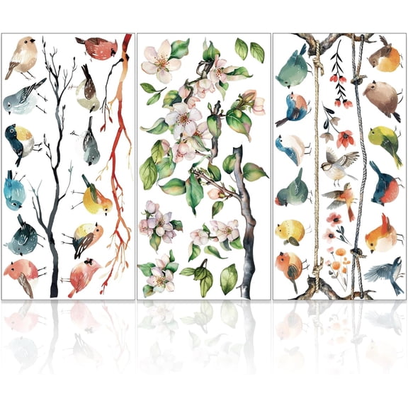 3Pcs Branches and Birds Furniture Transfer 6x12inch Flowers and Plants Rub on Transfer Self-Adhesive Wall Art Decals for Bedroom Living Room Desk Table Decoration Colorful