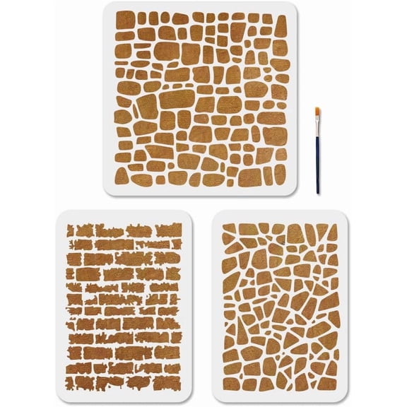 3Pcs Brick Stencils 11.811.8/11.78.3inch Speckled Wall Stencils with Paint Brush Reusable Brick Texture Templates