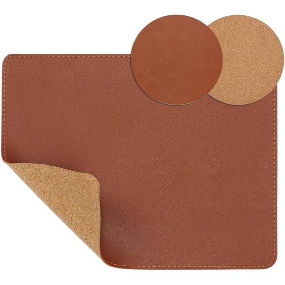 3Pcs Brown Dual-Sided Mouse Pad Cork Leather Rectangle Mouse Mats Soft Desk Pad Writing Mat Small Mice Pads Stitched Edges Coaster