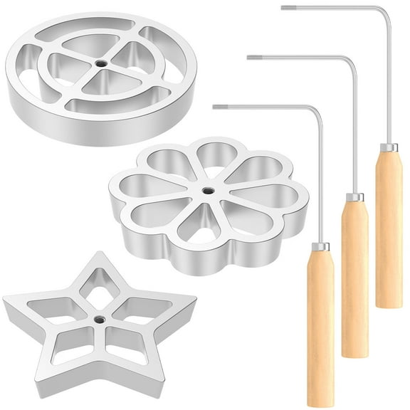 3Pcs Bunuelos Mold Set with 3 Wooden Handles Aluminum Alloy Rosette Molds Set Non-Stick Bunuelos Cookie Maker Mold Reusable Bunuelos Cookie Mold Waffle Molds for Kitchen Baking Cooking