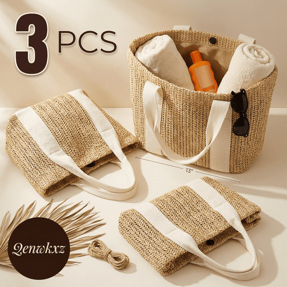 3Pcs Burlap Tote Bags with Handles, Straw Beach Bags for Women, Bridesmaid Proposal Bags & Wedding Welcome Gifts, 13" Waterproof Woven Handbags