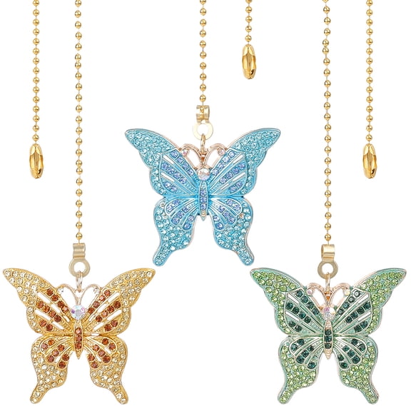 3Pcs Butterfly Alloy Rhinestone Charms Ceiling Fan Pull Chain Extenders with Iron Ball Chain Mixed Color 360mm