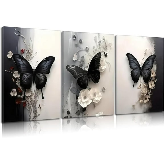 3Pcs Butterfly Canvas Wall Art Black and White Flowers Picture Wall Decor Modern Abstract Textured Florals Poster Minimalist Botanical Painting Prints Artwork for Living Room Bedroom Bathroom,Und
