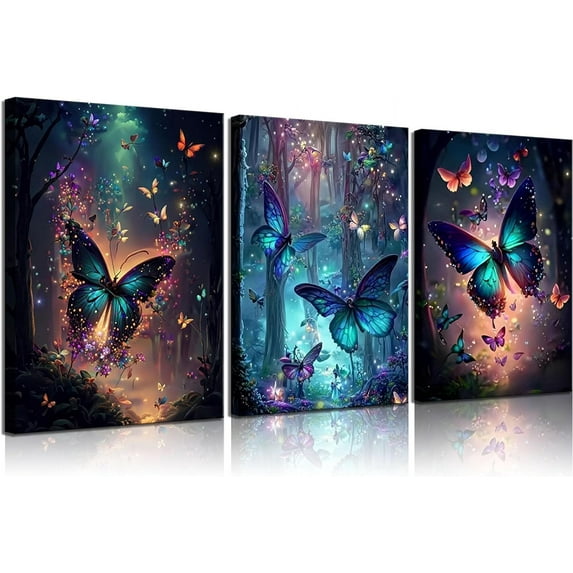 3Pcs Butterfly canvas Wall Art Fantasy forest butterfly wall decoration picture Butterflies poster print Painting Modern Artwork for Home Bathroom Bedroom(Only canvas)