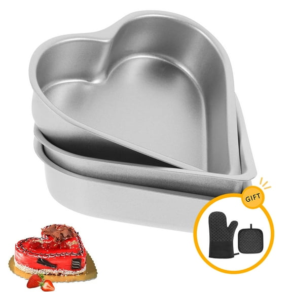 3Pcs Cake Molds for Baking, Heart Shaped Cake Pans with Oven Gloves Set, Non-Stick Cake Pans for Cheese Cake, Brownie, Chocolate, Muffin, Egg Tart, Jelly, Silver