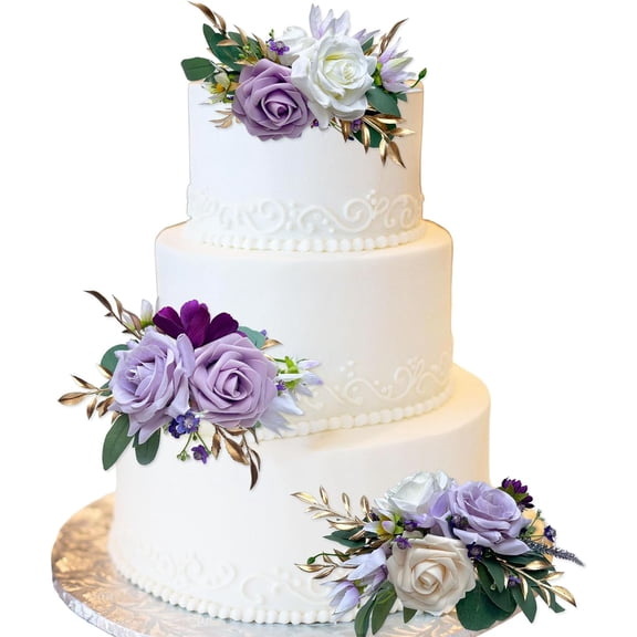 3Pcs Cake Topper Set, Wedding Artificial Flowers Decor Purple Cake Topper Decorations for Wedding Ceremony Anniversary, Home Decor,Fall Vintage