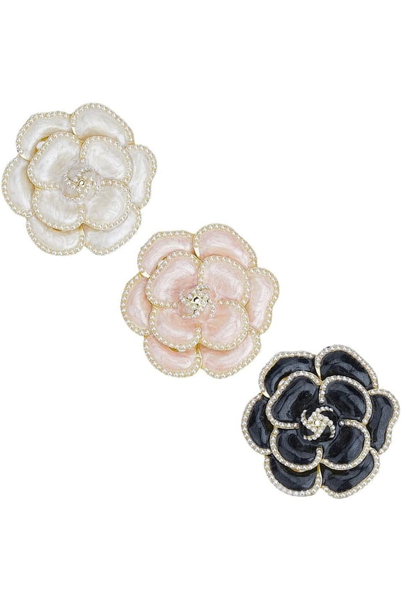 3Pcs Camellia Enamel Pine with Pearl for DIY Ladies Elegant Camellia Brooches Flower Bouquet Pins for DIY Women Coat Handbag Accessories Wedding Party