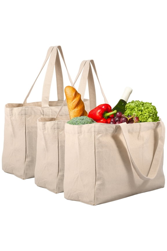 3Pcs Canvas Grocery Bag Large Capacity Grocery Shopping Bags Heavy Duty Reusable Grocery Tote Bags with 6 Inner Pockets Machine Washable Canvas Grocery Bag for Grocery Store Camping Outdoor