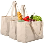 Xiyztok Canvas Grocery Bags, Heavy Duty Reusable Shopping Tote with 6 Inner Pockets, Machine Washable, 3-Pack for Grocery Store Camping Outdoor
