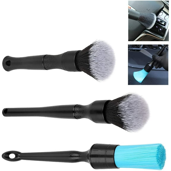 3Pcs Car Detailing Brush Set, Soft Boar Hair and Detail No Scratch Microfiber Detailing Brush Kit for Cleaning Dashboard, Air Vents, Emblems, Engine Bay, Wheels