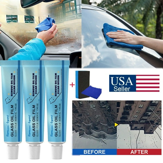 3Pcs Car Glass Oil Film Cleaner Glass Film Removal Cream Car Windshield Oil Film Cleaner Glass Oil Film Remover Glass Stripper Water Spot Remover with Sponge and Towel