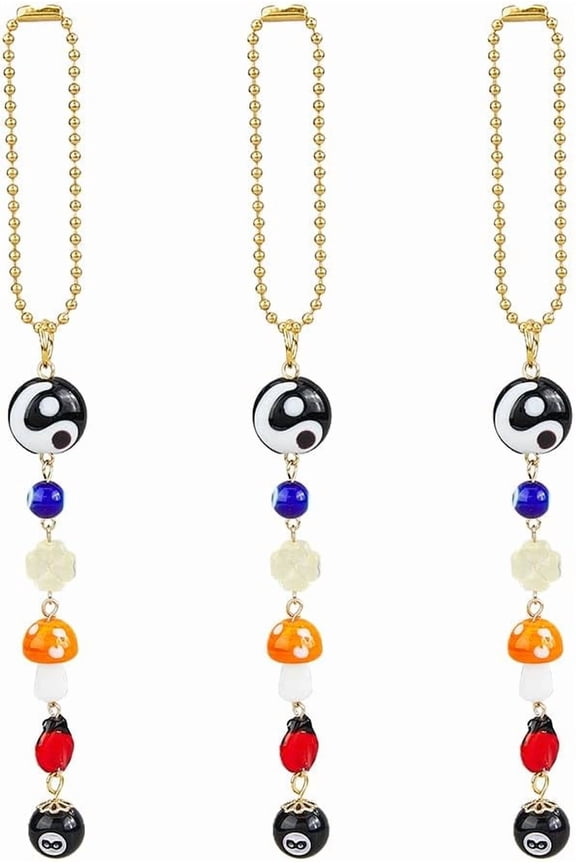 3Pcs Car Hanging Ornament Good Lucky Days Charm Lampwork Beaded Decor with Four-Leaf Clover Ladybug 8 Ball Mushroom Yin Yang Symbo for Car Rear View Mirror Home Door