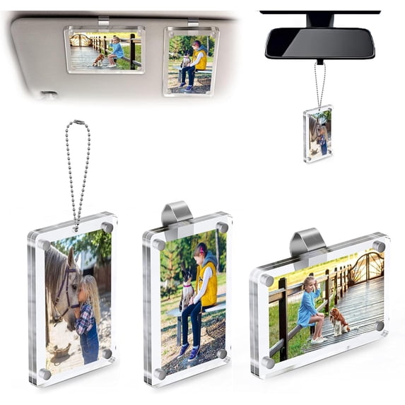 3Pcs Car Picture Holder - Magnetic Car Picture Frame,2 x Sun Visor Picture Frames and 1 x Rearview Mirror Ornament Photo Clip(2.36x3.5 Inch),Personalized Car Accessories Gift for Dad, Christmas