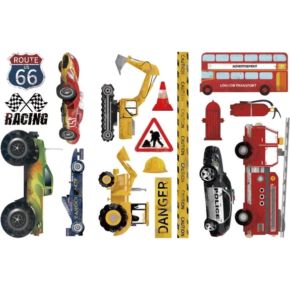 3Pcs Car Theme Decor Transfers 6x12 inch Furniture Transfer Stickers Fire Truck Police Car Racing Wall Art Decals for Bedroom Living Room Desk Table Decoration for DIY Vehicle