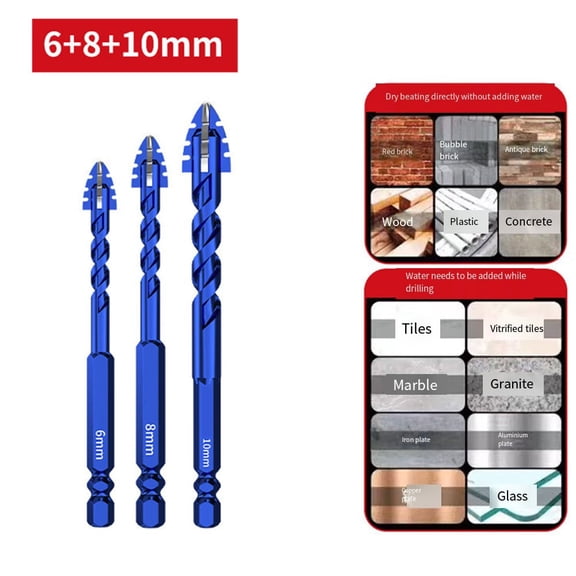 3Pcs Carbide Eccentric Drill Bits Set For Glass For TILE Concrete, 1/4" Shank Triangle Spiral Bits, 6-12mm Masonry Drilling Kit(6-8-10mm)