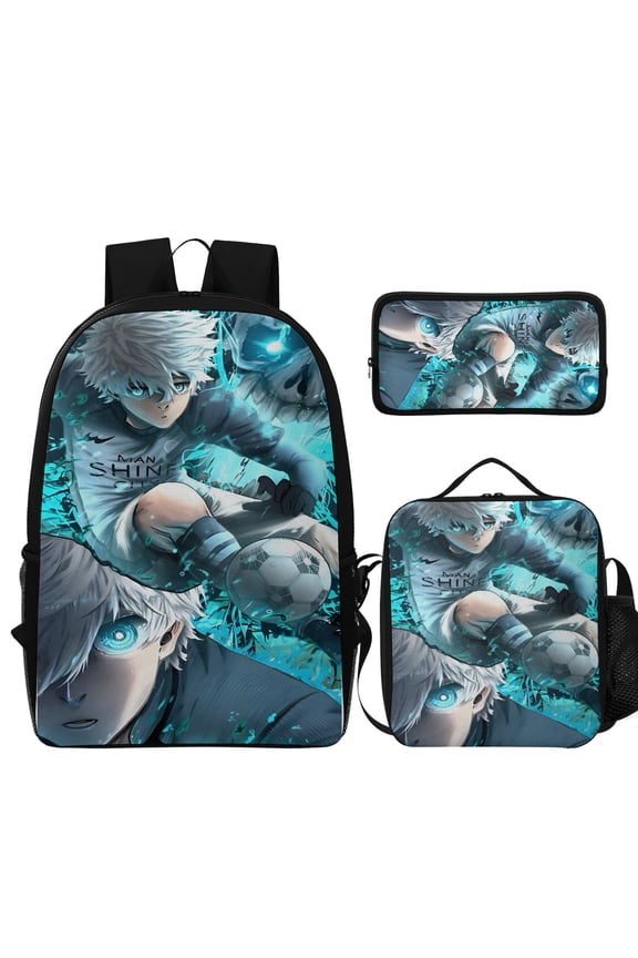 3Pcs Cartoon Backpack Set, Durable Blue Anime Lock Theme Bag with Insulated Lunch Tote and Pencil Case, Lightweight Daily Bag for Outdoor & Commute（Style I）