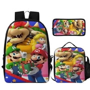 3Pcs Cartoon Backpack Set, Durable Mari0 Theme Bag with Insulated Lunch Tote and Pencil Case, Lightweight Daily Bag for Outdoor & Commute Style A
