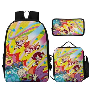 3Pcs Cartoon Backpack Set, Durable Powerpuff Theme Bag with Insulated Lunch Tote and Pencil Case, Lightweight Daily Bag for Outdoor & Commute(Style A)