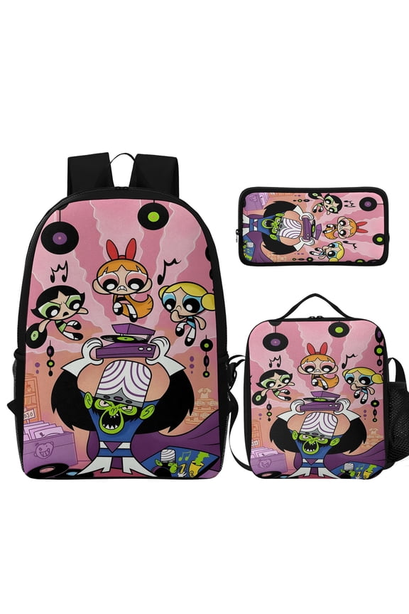 3Pcs Cartoon Backpack Set, Durable Powerpuff Theme Bag with Insulated Lunch Tote and Pencil Case, Lightweight Daily Bag for Outdoor & Commute(Style E)