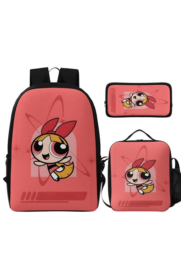 3Pcs Cartoon Backpack Set, Durable Powerpuff Theme Bag with Insulated Lunch Tote and Pencil Case, Lightweight Daily Bag for Outdoor & Commute(Style H)