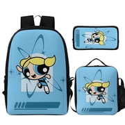 3Pcs Cartoon Backpack Set, Durable Powerpuff Theme Bag with Insulated Lunch Tote and Pencil Case, Lightweight Daily Bag for Outdoor & Commute Style I