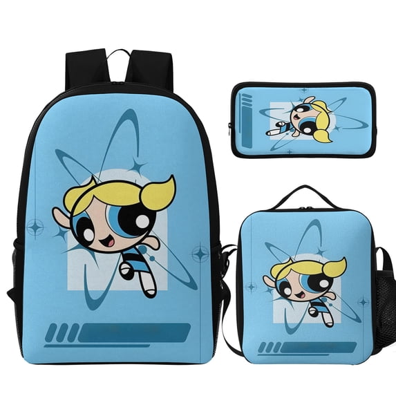 3Pcs Cartoon Backpack Set, Durable Powerpuff Theme Bag with Insulated Lunch Tote and Pencil Case, Lightweight Daily Bag for Outdoor & Commute(Style I)