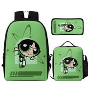 3Pcs Cartoon Backpack Set, Durable Powerpuff Theme Bag with Insulated Lunch Tote and Pencil Case, Lightweight Daily Bag for Outdoor & Commute Style J