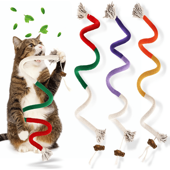3Pcs Cat Chew Rope Toys - Refillable Natural Catnip, Safe Dental Cleaning & Teething Care, Interactive Feather Toys for Indoor Cats & All Breeds (27.56 Inches)