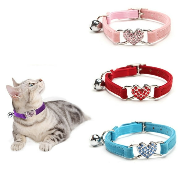 3Pcs Cat Collar Leather with Rhinestones and Bells, Stylish Cats Collar for Kitten Chihuahua, Small Dog, 7.87’ - 9.84’ Adjustable&Elastic Collar