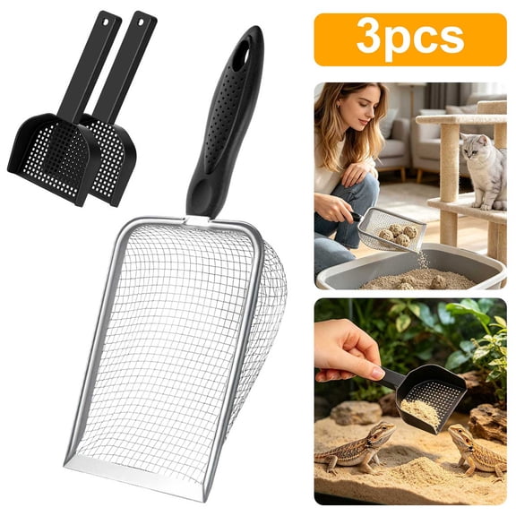 3Pcs Cat Litter Scoop Set, TSV Stainless Steel Mesh Scooper with 2 Plastic Corner Shovels, Long Handle Sifter for Kitty Litter & Reptile Sand