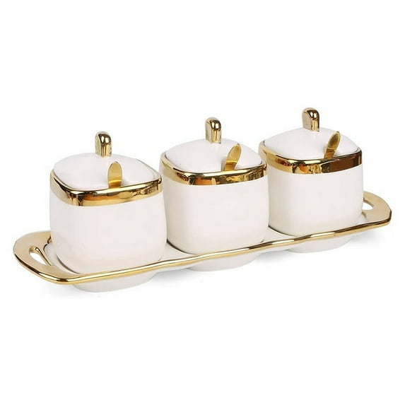 3Pcs Ceramic Condiment Pots Porcelain Sugar Bowls Decorative Gold Salt Containers Pepper Boxes Kitchen Spice Jars,A