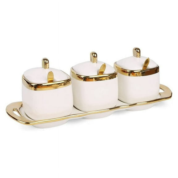 3Pcs Ceramic Condiment Pots Porcelain Sugar Bowls Decorative Gold Salt Containers Pepper Boxes Kitchen Spice Jars,A