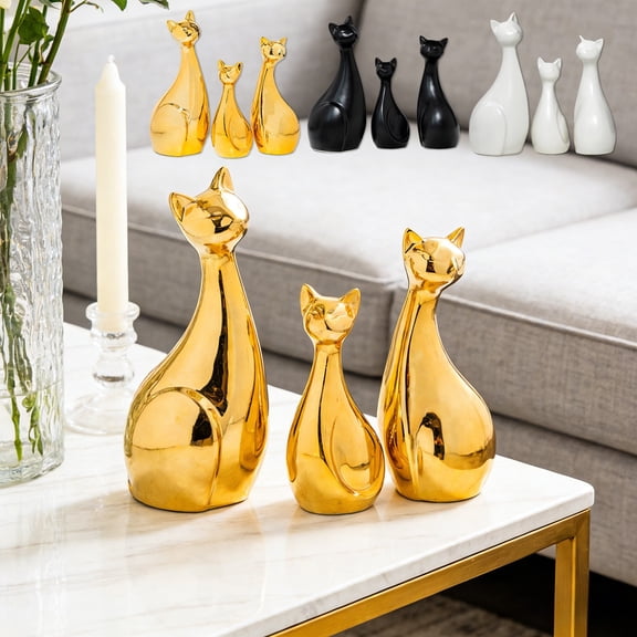3Pcs Ceramic Pet Cat Family Figurine Set - Parents and Porcelain Sculpture, Glazed Smooth, Chip-Resistant, Perfect for Home Office Living Room shelf Decor & Gift, White
